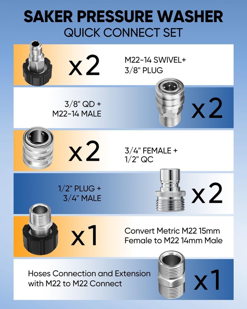 Saker Pressure Washer Hose Connector Set 10 PCS,Hose Adapter Set,Pressure Washer Connector Accessories,M22-14 Swivel to 3/8'' Quick Connect, 3/4" to Quick Disconnect,Quick Connect Set with Storage Bag - Image 2